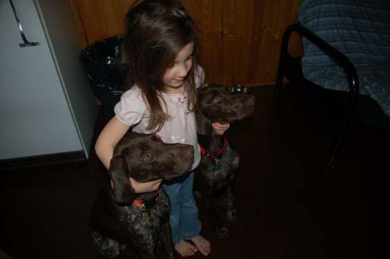A young girl carries two Fogelhund GSPs.